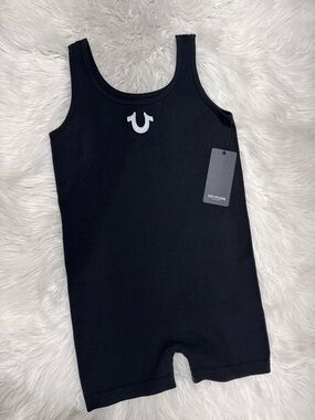 True Religion Black Ribbed Tank Romper with Logo